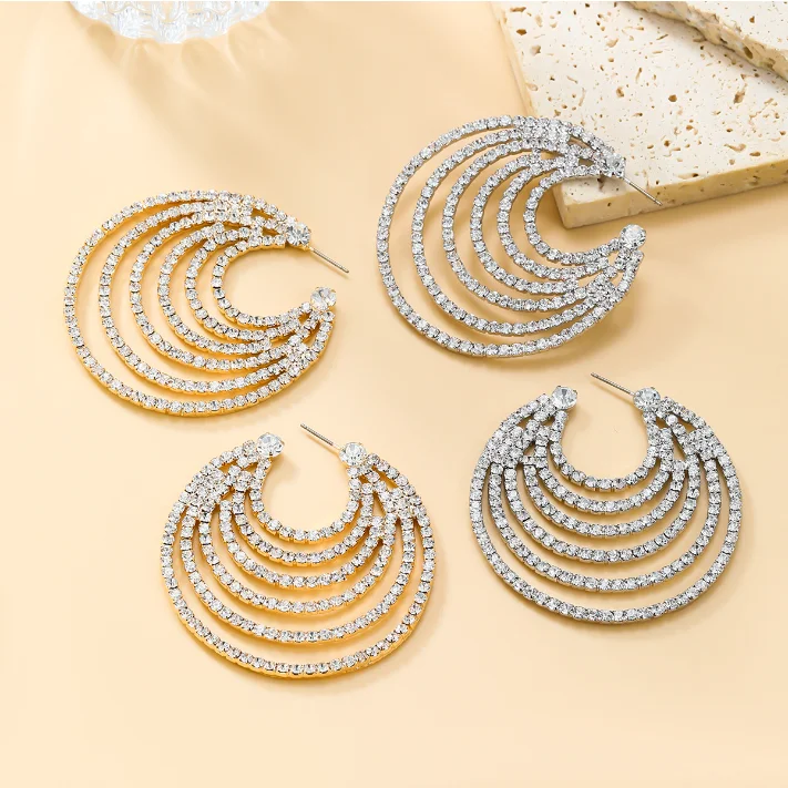 

Trend Metal Rhinestone gold oval multilayer circular Hoop Earrings Hip Hop Party Creative Jewelry Women Charm Accessories