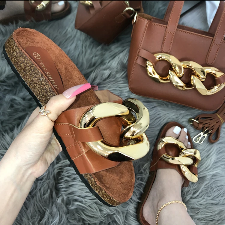 

Luxury Chain Purse And Handbags Pu Leather Flat Sandals Chain Slides And Purse Set Handbag Women Hand Bags Set