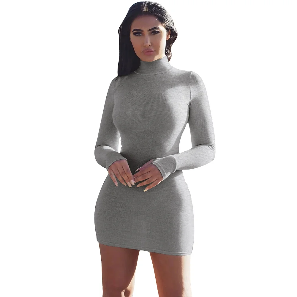 

High Neck Solid Color Sexy dress ladies Tight New Trendy woman's summer dress Collar Solid Color Long Sleeve women Dresses