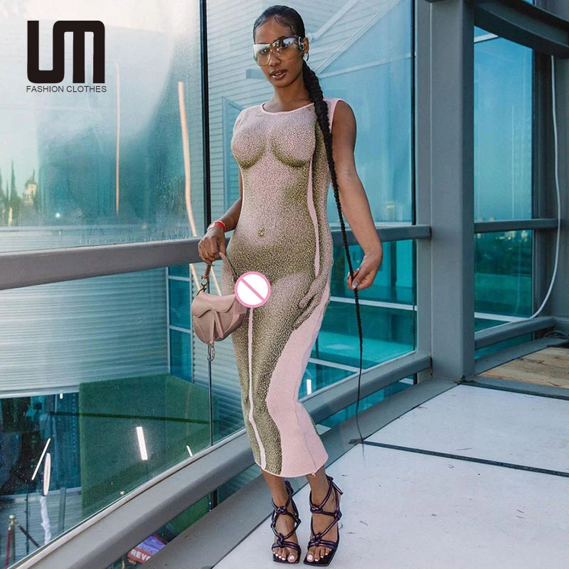

2021 Summer New Design Women Sexy Sleeveless Body Print Round Neck Bodycon Long Dress, Customized color