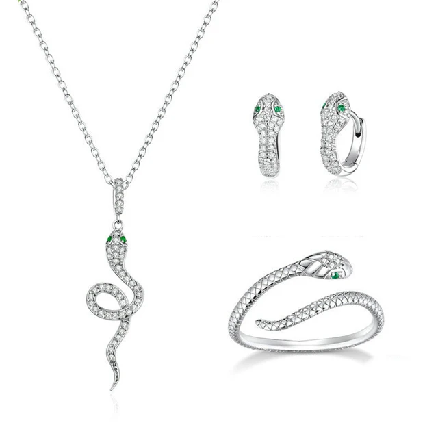 

S925 Sterling Silver Jewelry Set Personalized Spirit Snake Shape Earrings Ring Necklace Set