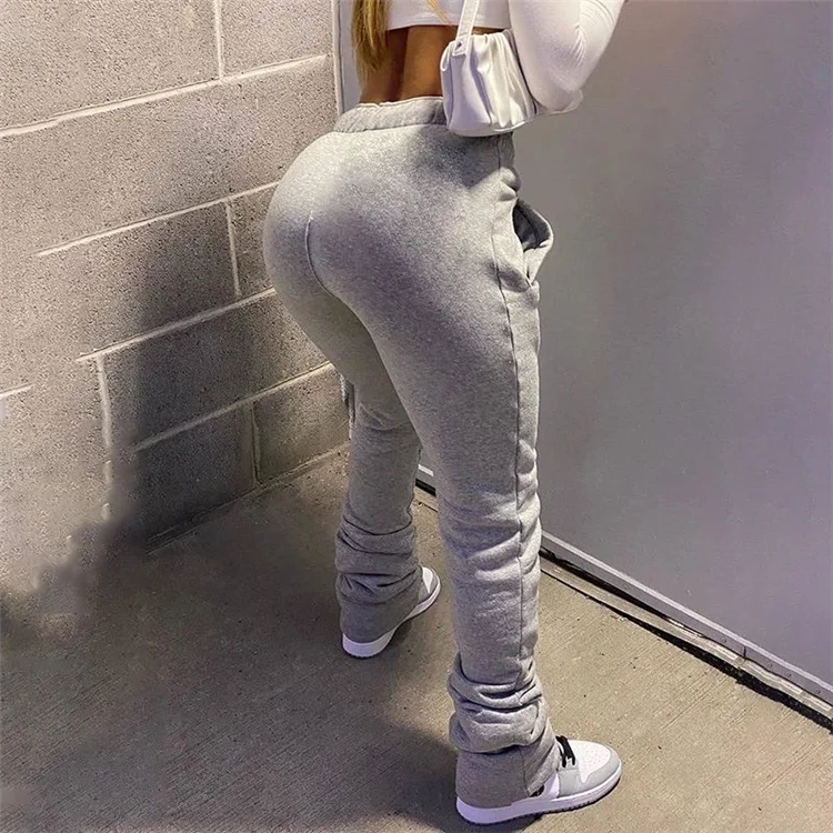 

Autumn Winter Solid Color Elastic High Waist Pleated Drawstring Casual thick Women Sweatpants Stacked Pants