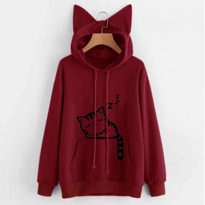 
Loose fleece printed cat animal print hooded sweatshirt 