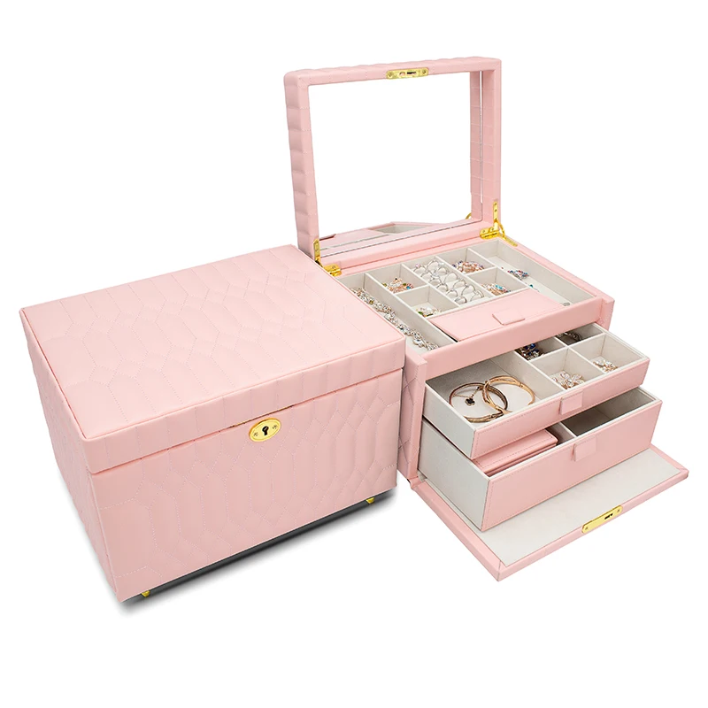 

2021 New Style Three-layer Leather Jewellery packaging box jewelry organizer case Jewelry storage box, Pink black green