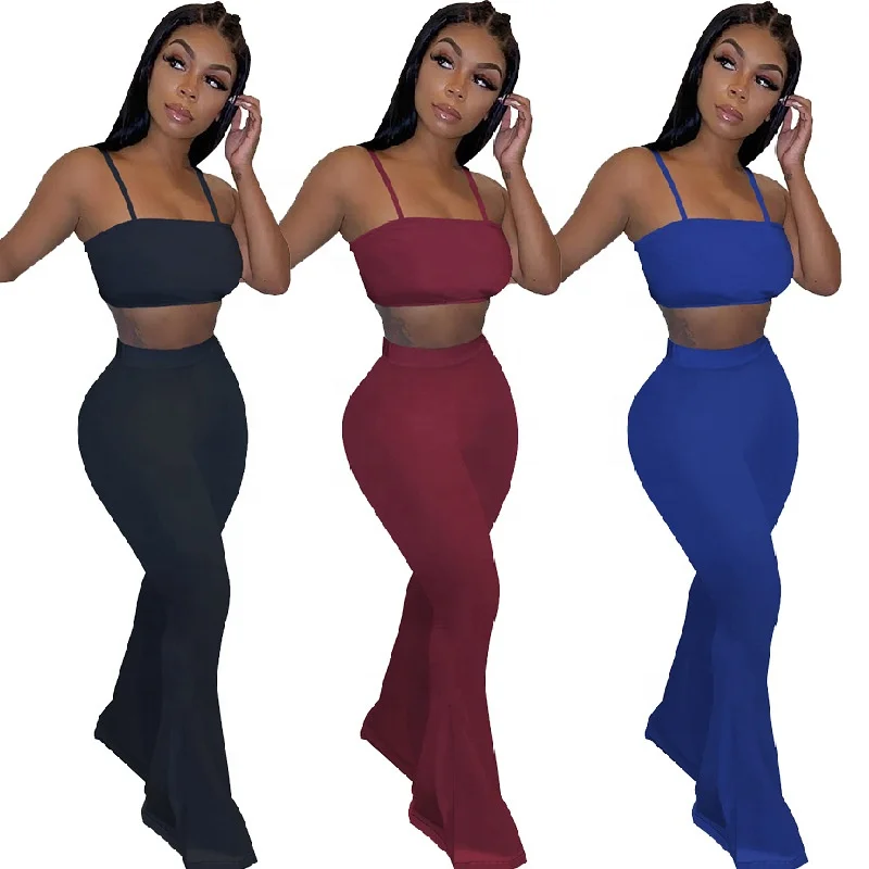 

B63190A European and American women solid color bell-bottom sexy two-piece set, Red/black/blue