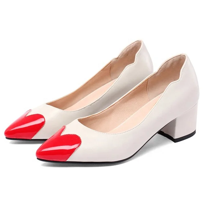 

Low Price Office Ladies Chunky Heels Dress Shoes Women Low Heel Heart-shaped Working Pumps, Black beige