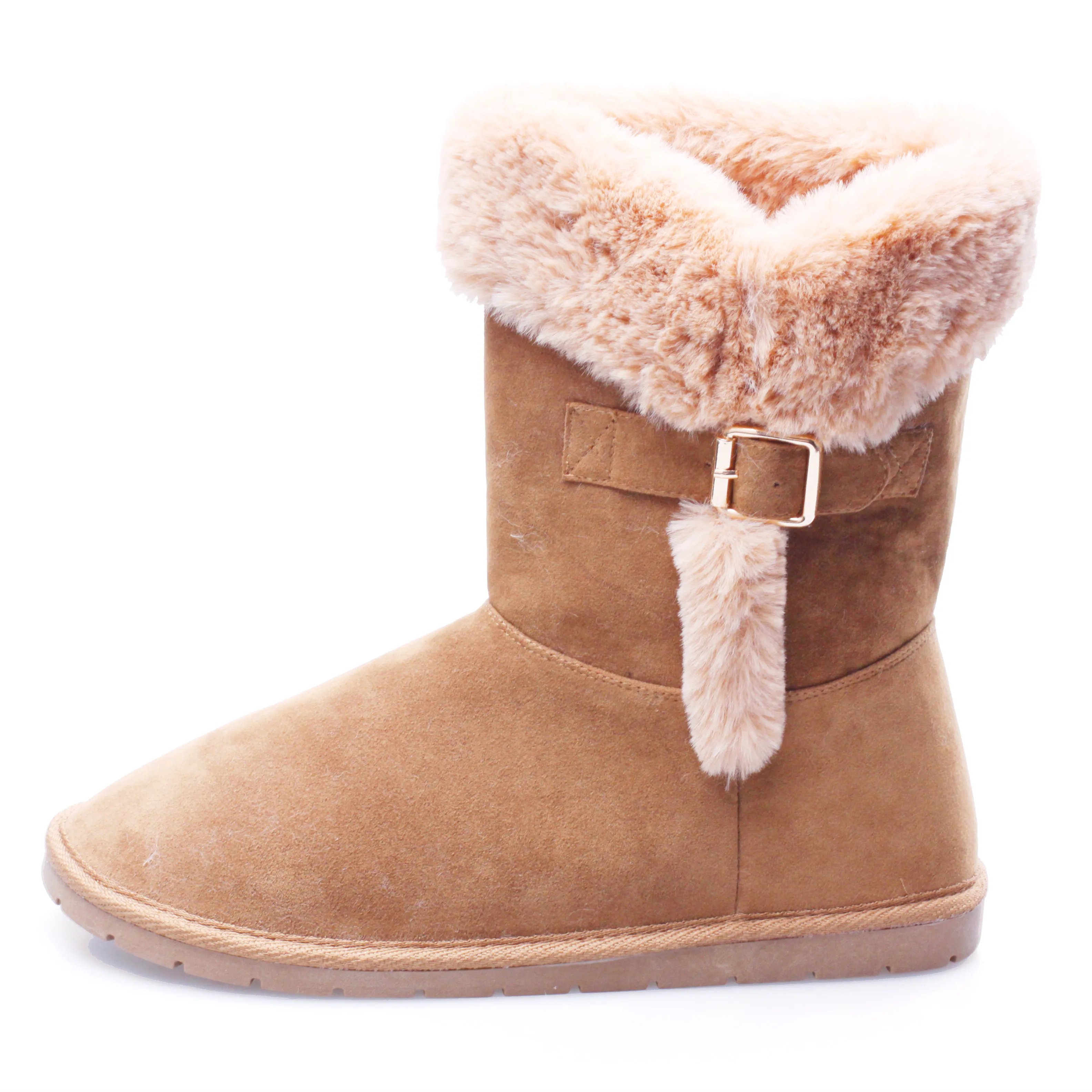 

Stock The women fashion basic snow boots brown fur microfiber TPR outsole flat round toe buckle stripe shoes, Tan