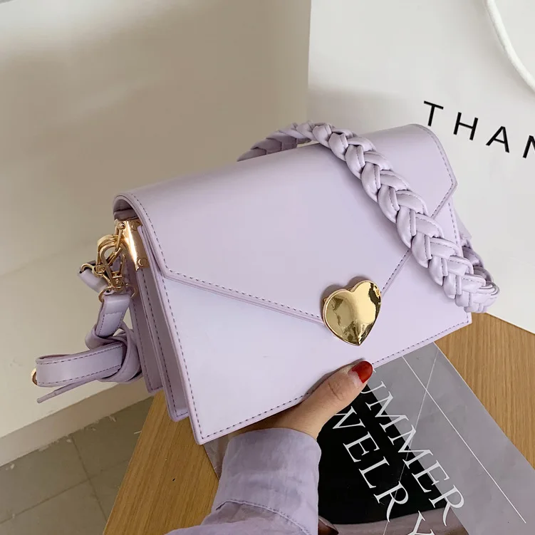 

2020 New design fashion woven handle purses sweet love heart pastel colors square slanting elegant bags women handbags, 4colors