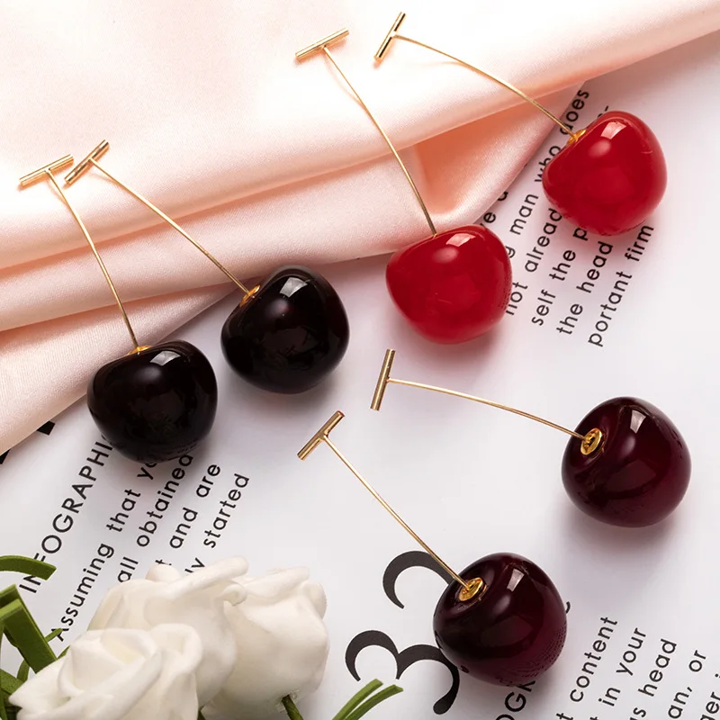 

OUYE Cherries Fruit Colorful Glass Earrings Women Wholesale Creative Fun Cherry Design Fashion Long Earrings Jewelry