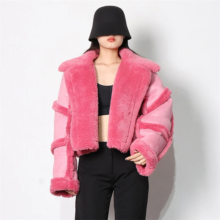 

LvCong New arrivals women winter thicken turn down collar pink jacket short style lamb wool fur splice coat