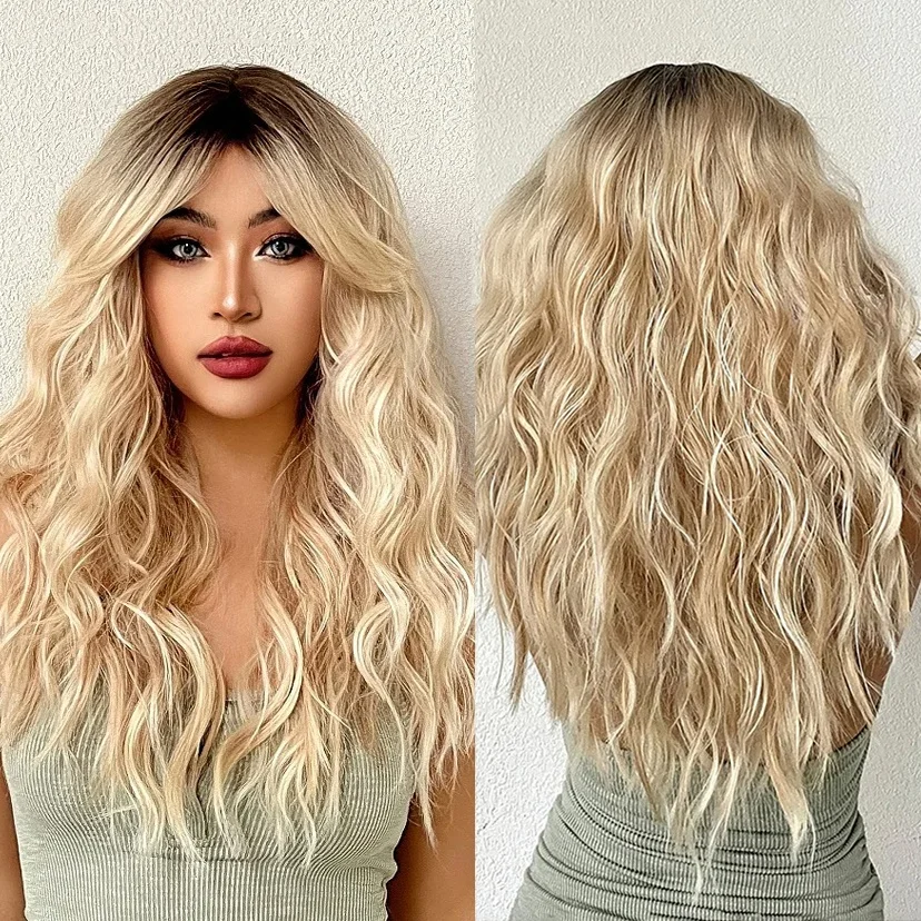MOQ1 Synthetic Blonde Ombre Brown Wigs Long Water Wavy Wigs With Bangs for Black Women Afro Wigs Natural Heat Resistant Fibre