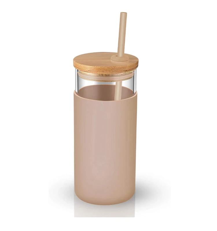 Iced Coffer Cup Reusable Kodrine 20 oz Glass Water Tumble with Straw and Lid 2 Bamboo Lids Water Bottle Straw Silicone Protective Sleeve BPA FREE-Amber Wide Mouth Smoothie Cup 