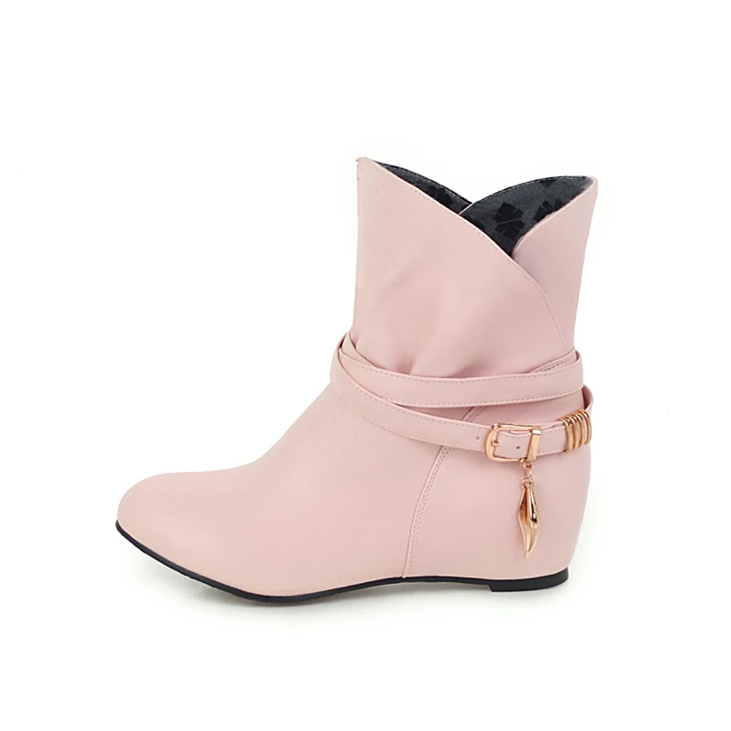 

Winter solid color round head Belt Buckles Slip-On Ladies'booties