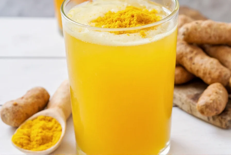 Golden milk turmeric drink in ceramic mug with turmeric root and black pepper nearby