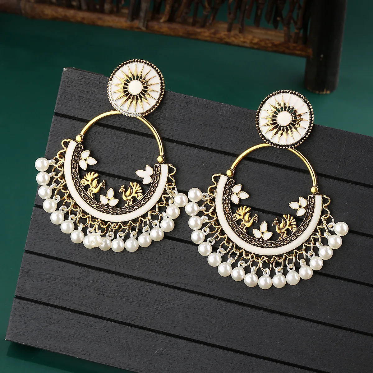 

Exaggerated Retro Moon Earrings Indian Hollow Bell Pendant Design Stud Jewelry