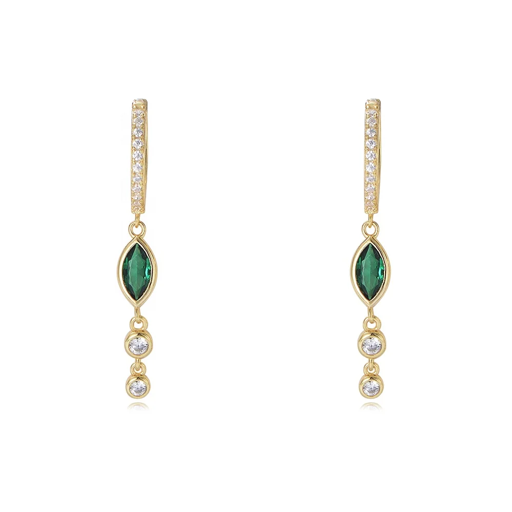 

findings designer green Marquise Cut psj S 925 Sterling silver 14k gold plated bling Cubic Zirconia Huggies Stick Earrings