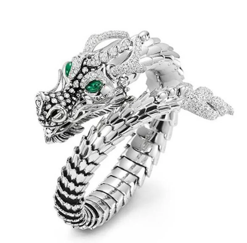 

Creative Platinum Plated Men Chinese Diamond Emerald Dragon Hip Hop Ring Domineering Cocktail Ring, Silver