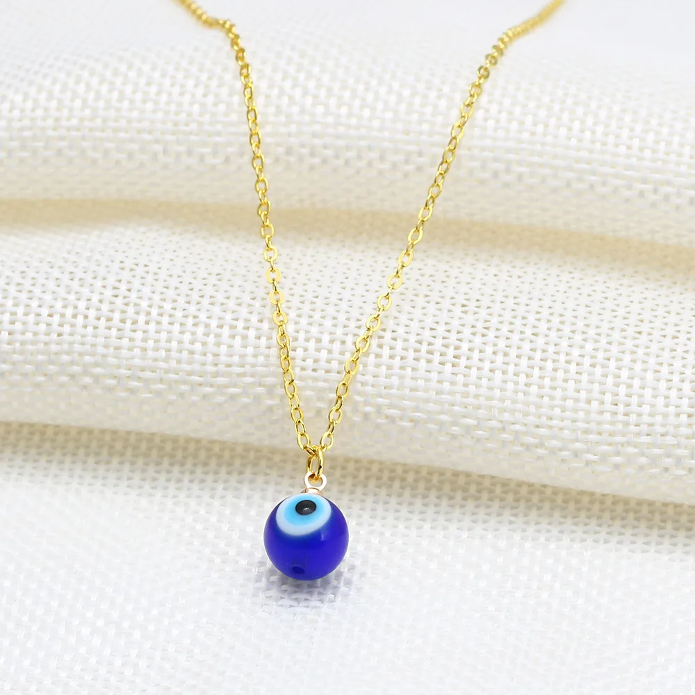 

Simple Design 18k Gold Plated Pendant Blue beads Evil Eyes Necklace For Girls