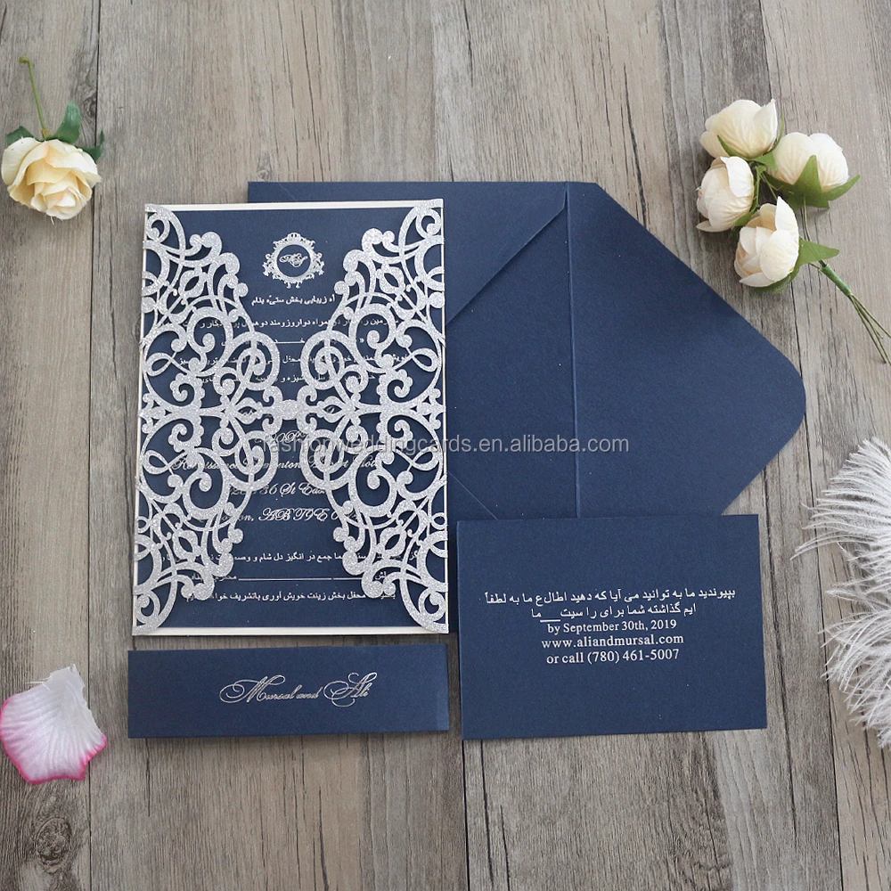 Invitations Silver glitter and navy laser cut wedding invitation set silver and navy wedding
