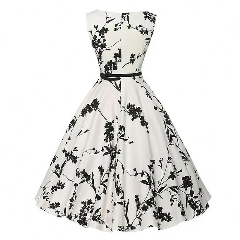 

New Fashion Girls Women's Boatneck Sleeveless Vintage Tea Dress with Belt Casual Party Printing Dress Slim Midi Dress
