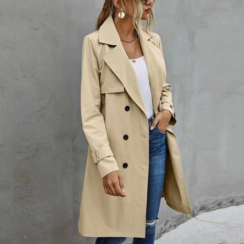 

Elegant Solid Double Breasted Belted Trench Coat Ladies Lapel Longline Coat