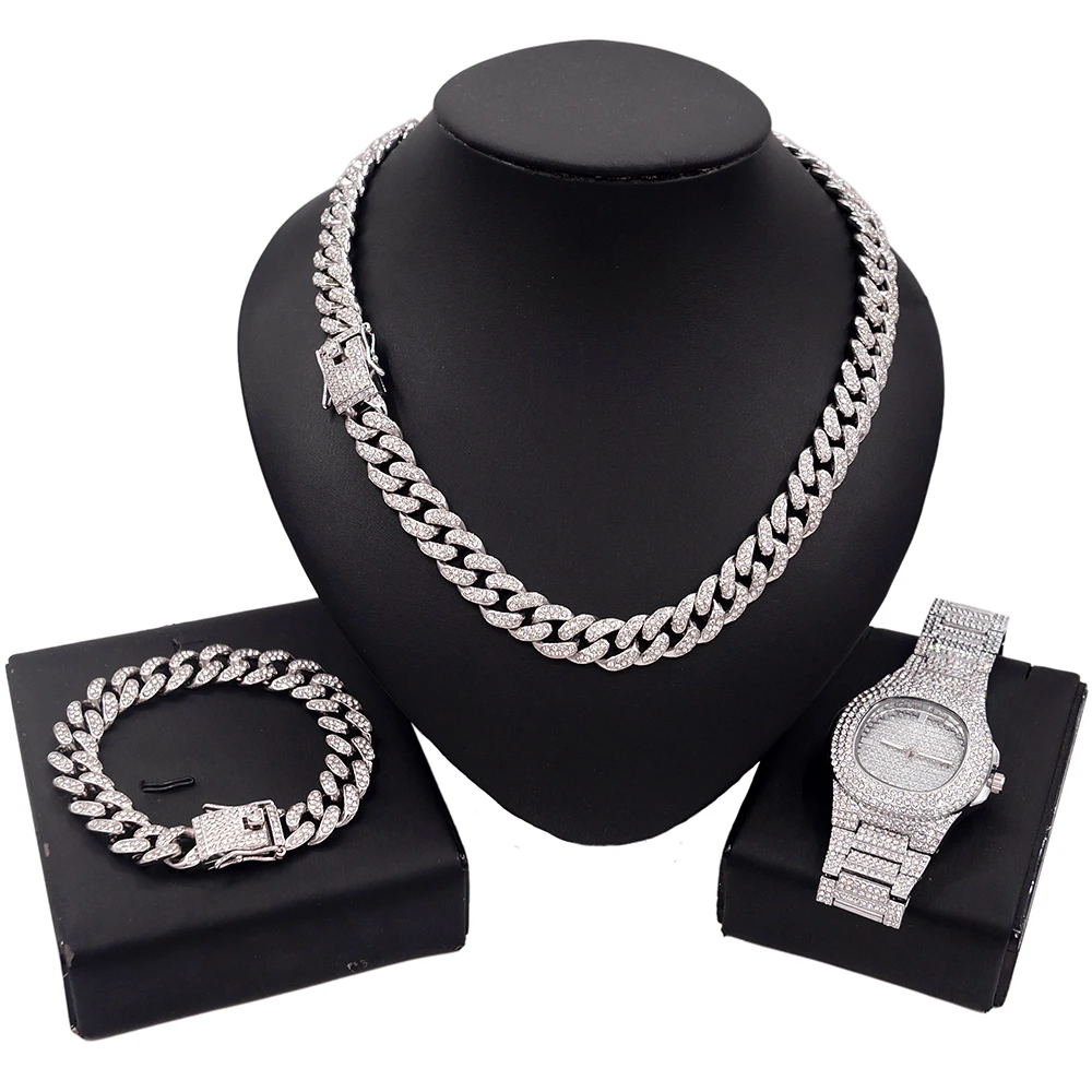 

Yulaili Hip Hop Style Silver Cuban Chain Gypsophila Watch Sets Men's Women's Universal Cuban Necklace Bracelet Watch Jewelry Set