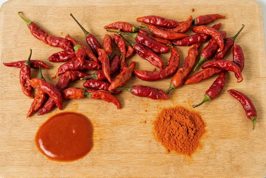 Various forms of chipotle peppers including dried whole, canned in adobo sauce, and ground powder arranged on wooden cutting board