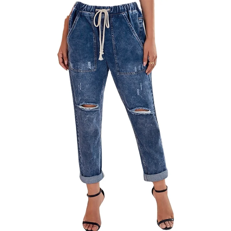 

Spring and summer casual fashion street straight pants women' ripped jeans, Black