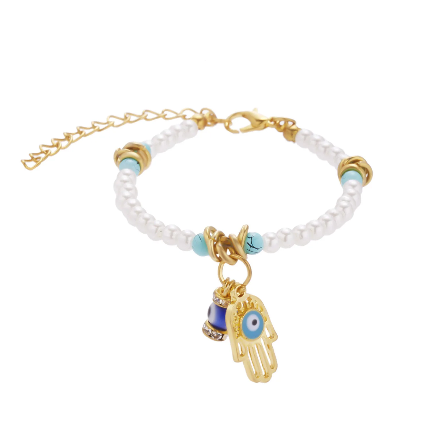 

Fashion Gold Plated Blue Evil Eyes Palm Bracelets Handmade Pearl Beaded Crystal Evil Eyes Pendant Bracelet
