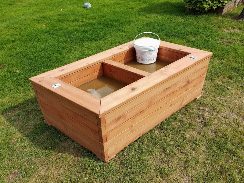 DIY water table construction with cedar wood and bucket