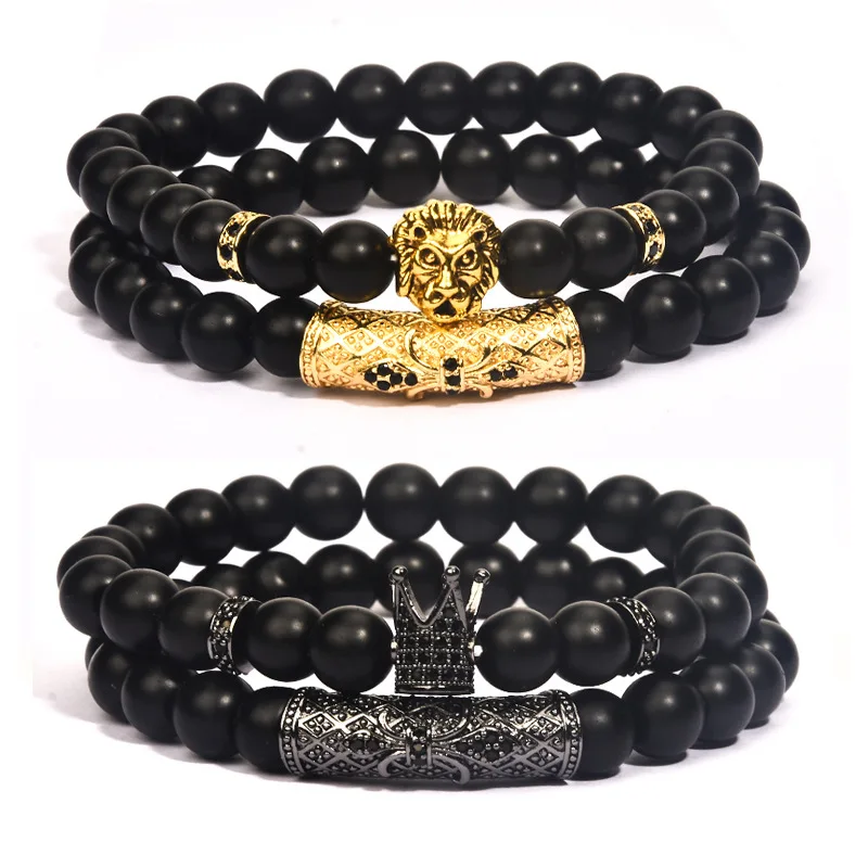 

Lover Bracelet Alloy Crown Lion Head Frosted Bracelet Round Beads Women Men Jewelry Charm Bracelets For Couple 2pcs/set, 4 colors