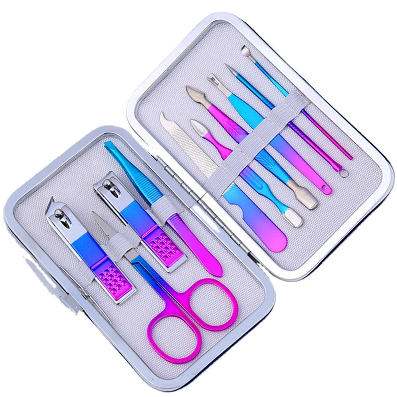 

Manufacture Rainbow color 10pcs Nail Clippers Set For Manicure Pedicure Nail Care 10 in 1 With Portable Leather Pouch, Customized color