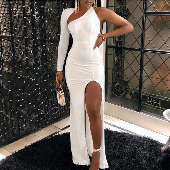 

Solid One Shoulder High Slit Maxi Dress Women Long Sleeve Cut Out Front Evening Party Dress Ladies White Bodycon Long Dresses