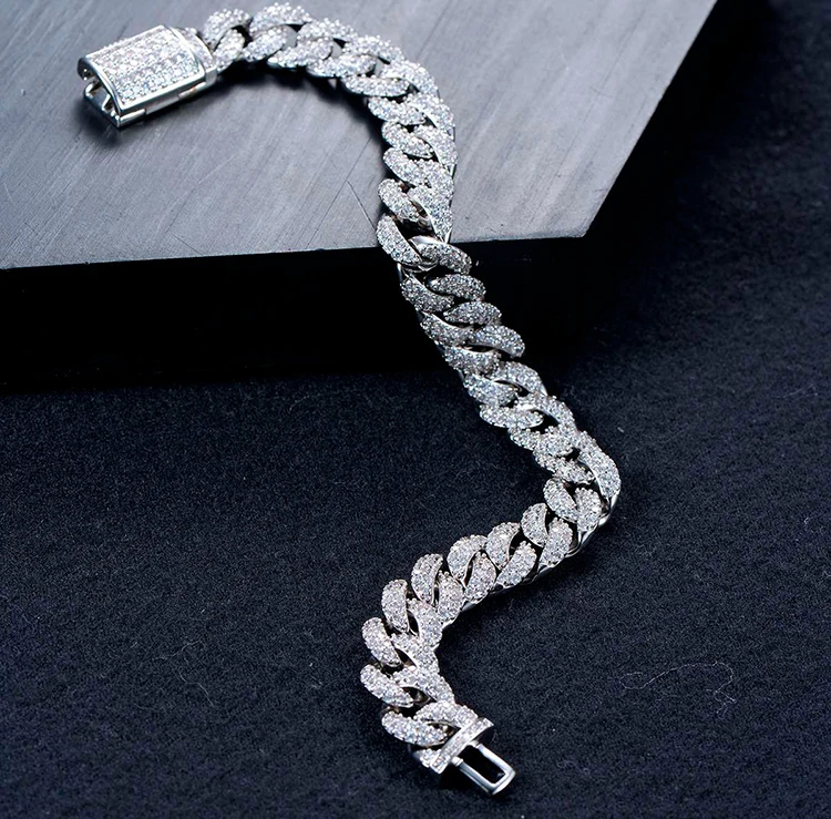 

High Quality 925 Silver Zircon Hiphop Style Jewelry Diamond Cuban Link Bracelet Bangle Christmas Gift, White