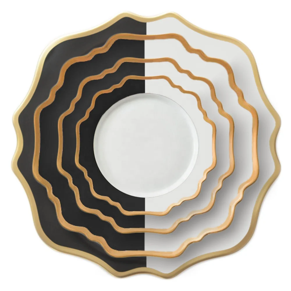 

Wholesale 4pcs custom porcelain dinner plates sets gold serving wedding charger platter ceramic dishes, 15 colors available