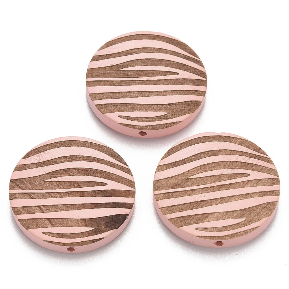 

PandaHall Flat Round Zebra Stripe Laser Engraved Pattern Round Wood Beads