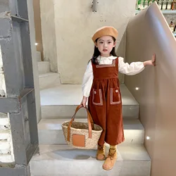 KZ241045 brown corduroy infant baby girls suspender pants toddler kids pant embroidery flower casual outfit