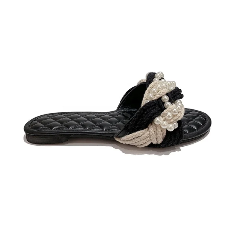 

2021 Summer Fashion Pearls Casual Straw Rhinestones Beach Flat Slippers For Women