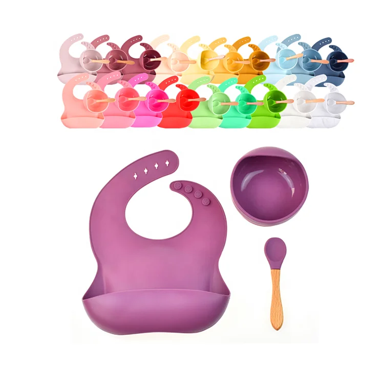 

BPA Free Silicone Baby Bib Waterproof Children Toddle Feeding Bowl And Wodden Handle Spoon Silicone Baby Feeding Set