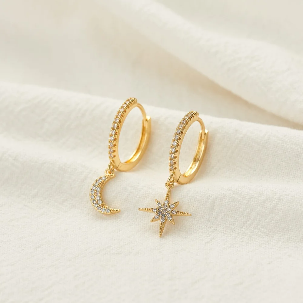 

Ins Trendy 18K Gold Plated Micro Pave Zirconia Star Drop Earring Asymmetric CZ Zircon Moon Dangle Earrings