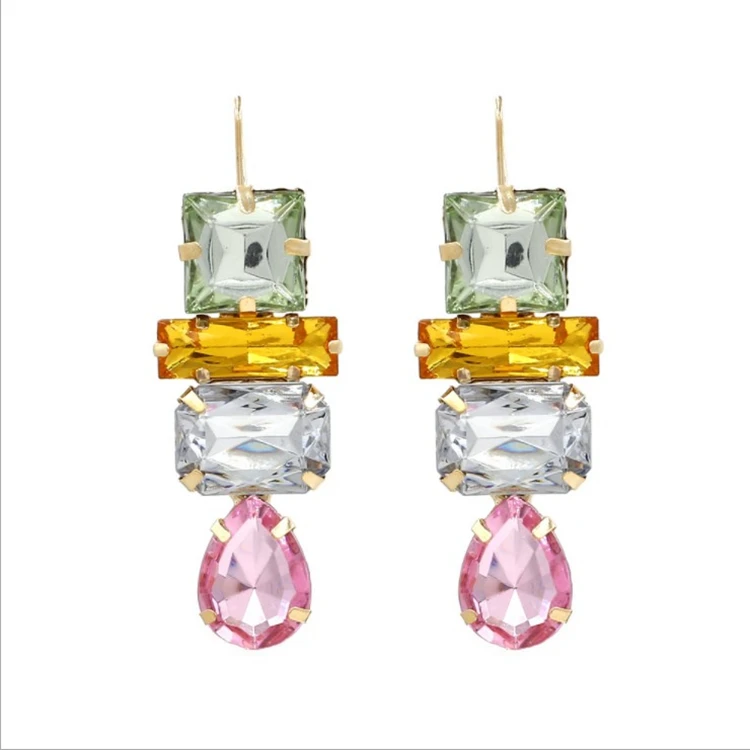 

Fashion mosaic geometric colored gemstone earrings exaggerated shiny zircon earrings alloy ladies earrings, Picture shows