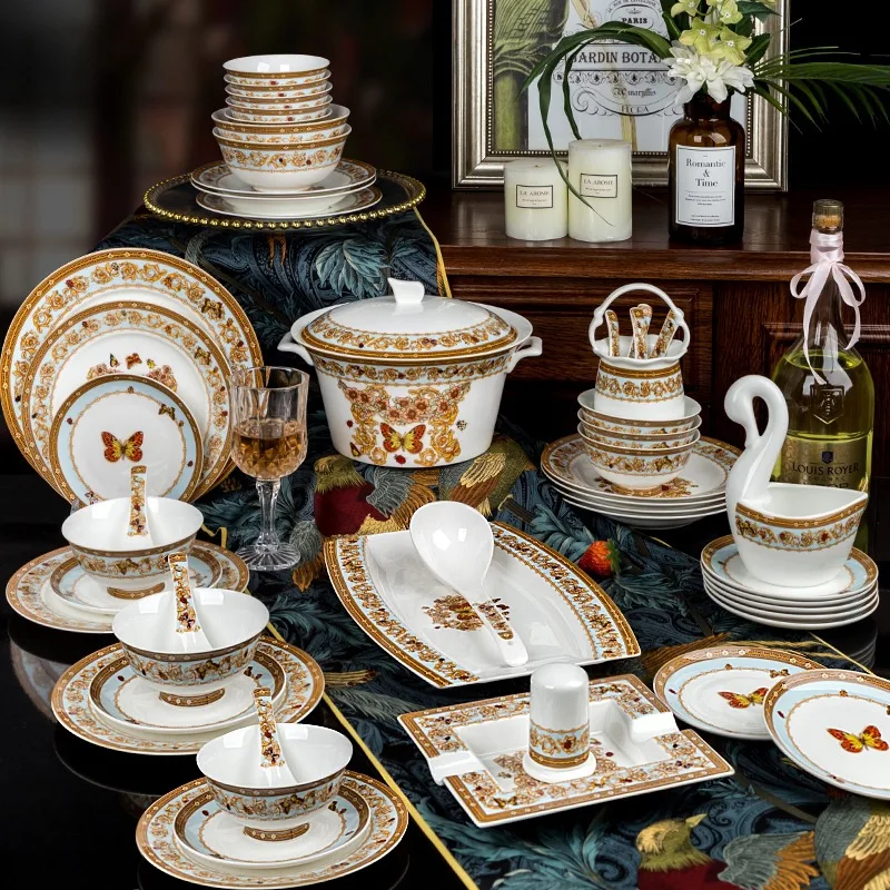 

Nordic Creative Home European Phnom Penh Ceramic Dishes Dinner Plate Tableware Set Bone China, As picture
