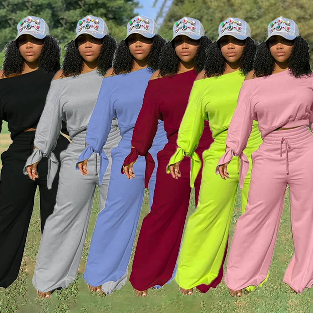 

OR-OL6021 New arrival fall women off shoulder sweatshirt with wide leg pants lounge two piece 2 piece clothing set, Pink, gray, black, fluorescent green, blue, wine red