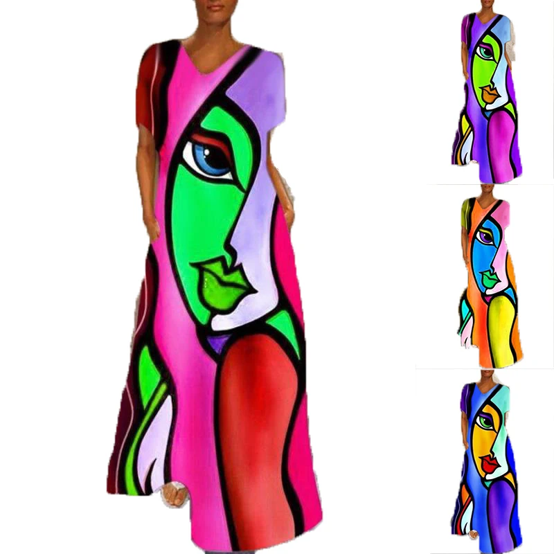 

S-5XL Graffiti Print New Fashion Maxi Plus Size Women's Summer Casual loose Short Sleeve V Neck Bohemia Long Dresses