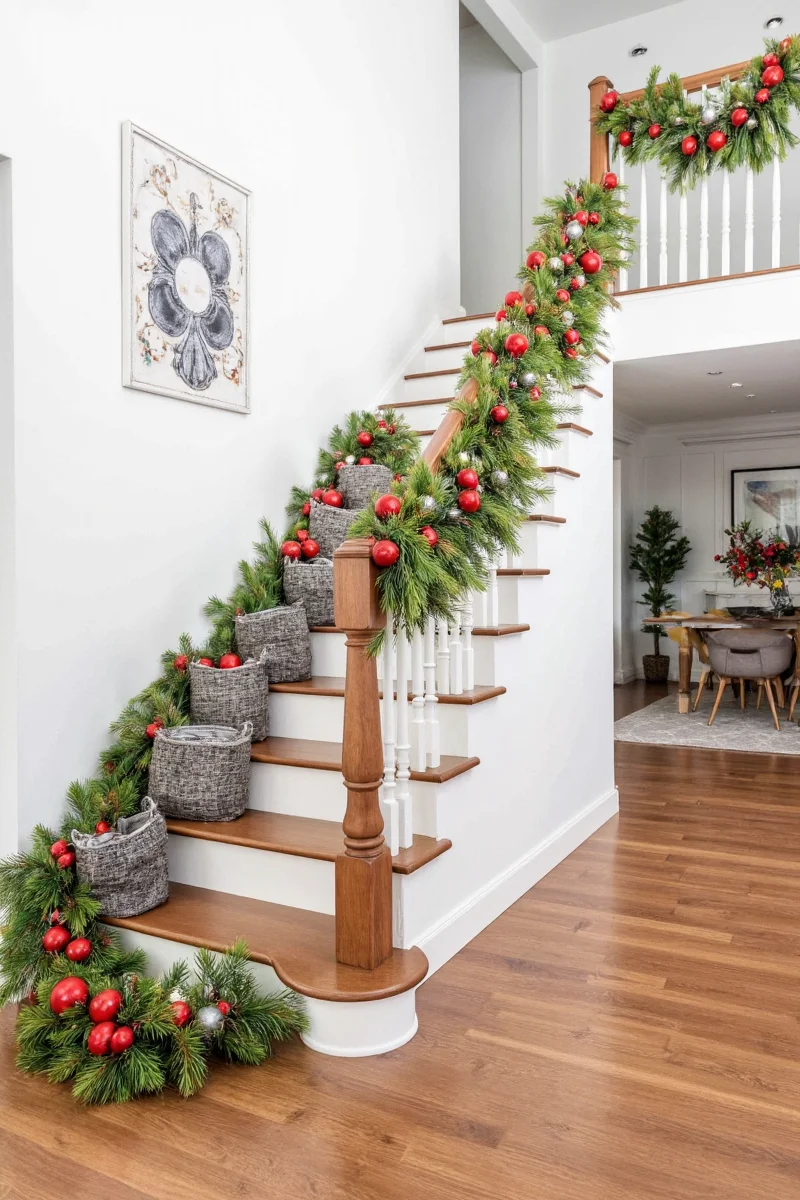 pinecone garland on staircase