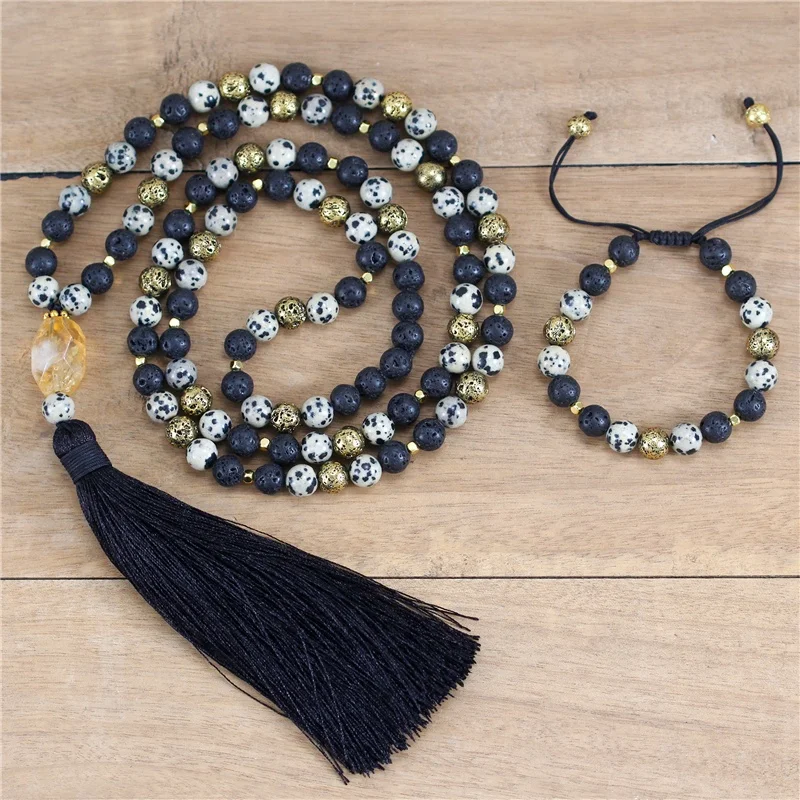 

Vintage Yoga Natural Stone Dalmation Jasper Gold Lava 108 Mala Beads Necklace With Black Tassel Meditation Jewelry Set Wholesale