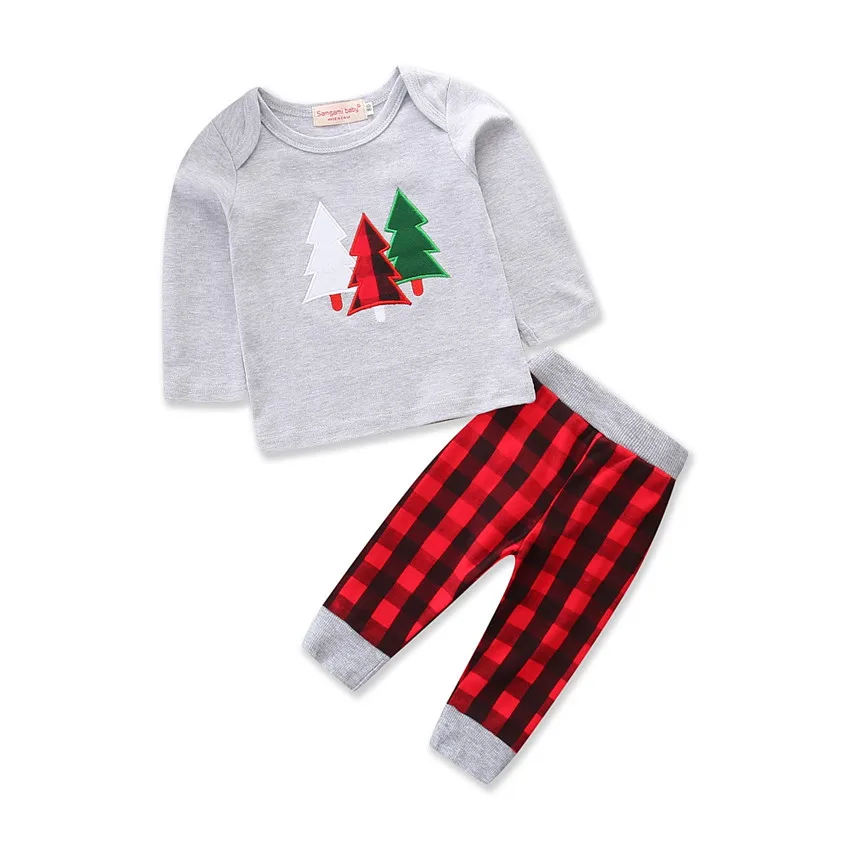 

1-5 years wholesale christmas clothes children clothing set kids boy plaid outfit kids long sleeve t-shirts with long pants