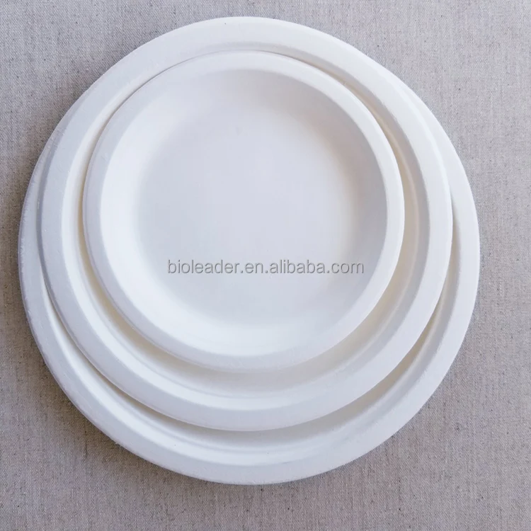 

Biodegradable Disposable Sugarcane Bagasse 6,7,8,9,10 Inch Pulp Molding Catering Dishes, White, brown