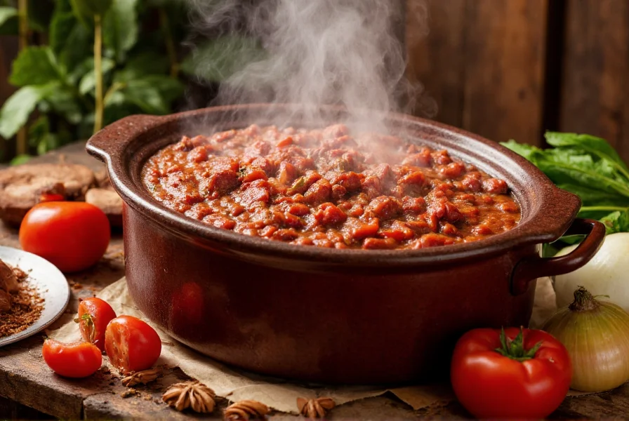 Slow cooker filled with rich red chili, steam rising, surrounded by fresh ingredients like tomatoes, onions, and spices
