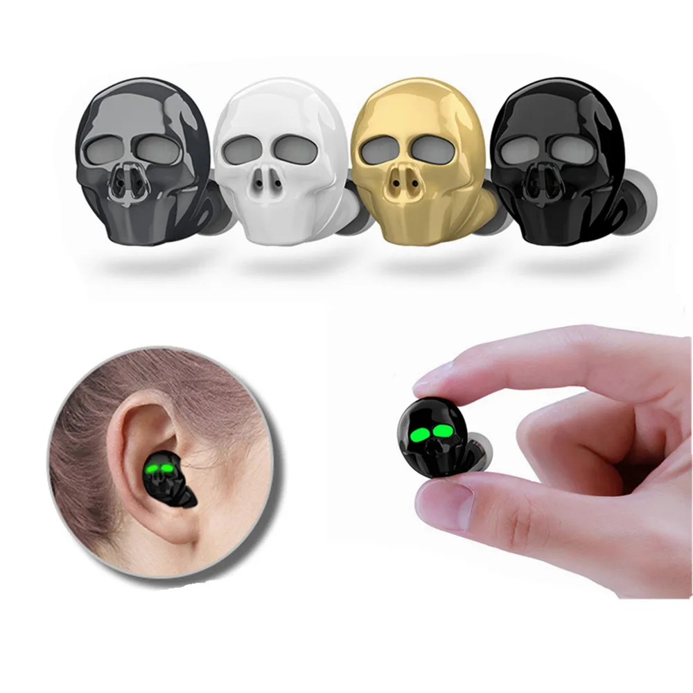 

Bass Stereo Mini Micro Earbud Earpiece Skull Bone BT Earphone with Microphone Noise Cancelling Hi-Fi Handsfree, Black white gold sliver